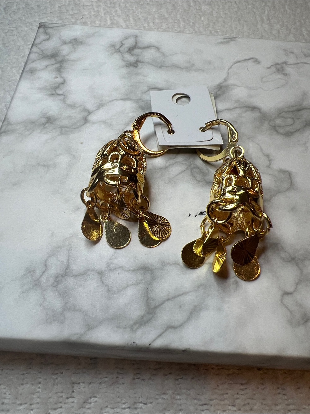 Gold Dangle Hoop Earrings with Textured Charms - Women Jewelry